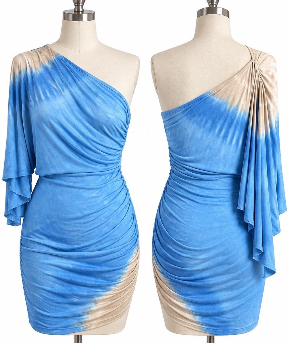 Young Fabulous Broke Dress S Blue Tie Dye One Shoulder flare Sleeve Bodycon Y2K